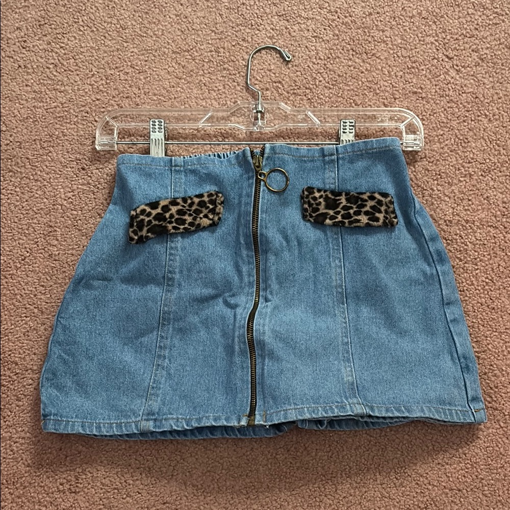 Girls Denim Skort with Leopard Accents